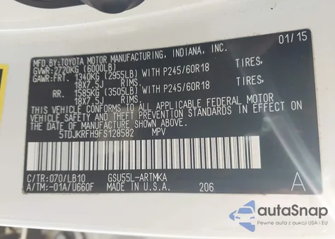 2015 Toyota Highlander Xle V6 z USA, uszkodzony, nr VIN 5TDJKRFH9FS128582